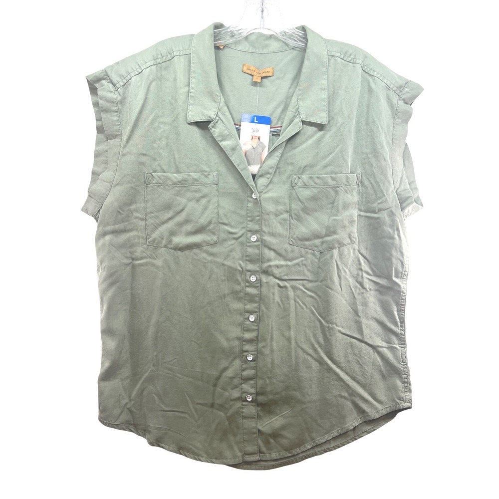 Jachs Girlfriend Womens Large Sage Green Tencel Lyocell Sleeveless Button Up Top